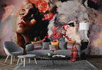 Woman and Wolf Wallpaper : Dark Floral Portrait Art Mural - View 5
