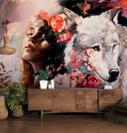 Woman and Wolf Wallpaper : Dark Floral Portrait Art Mural