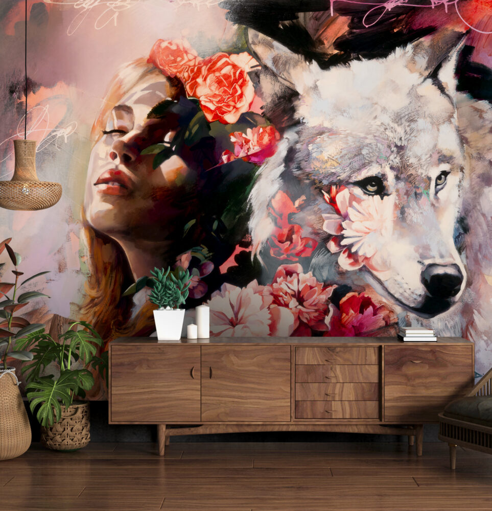 Woman and Wolf Wallpaper : Dark Floral Portrait Art Mural