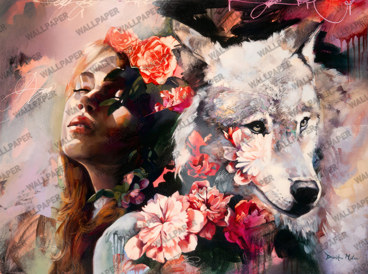 Woman and Wolf Wallpaper : Dark Floral Portrait Art Mural - View 2
