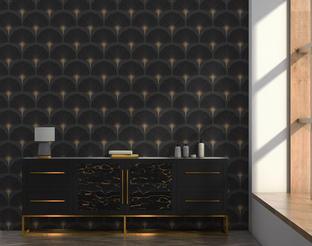 Black Art Deco Fan Wallpaper : Gold Scallop Pattern - View 3