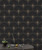 Black Art Deco Fan Wallpaper : Gold Scallop Pattern