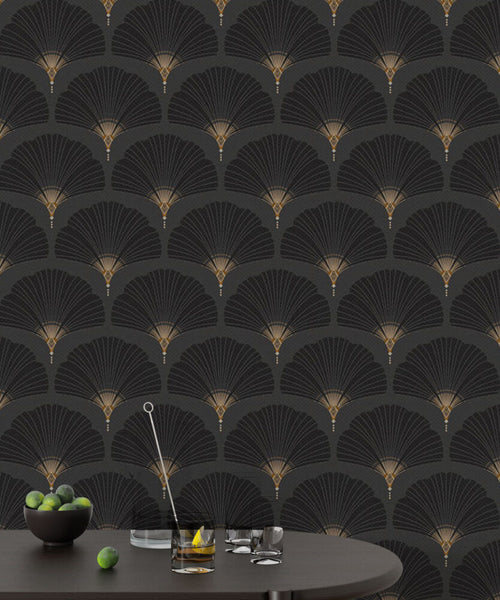 Black Art Deco Fan Wallpaper : Gold Scallop Pattern