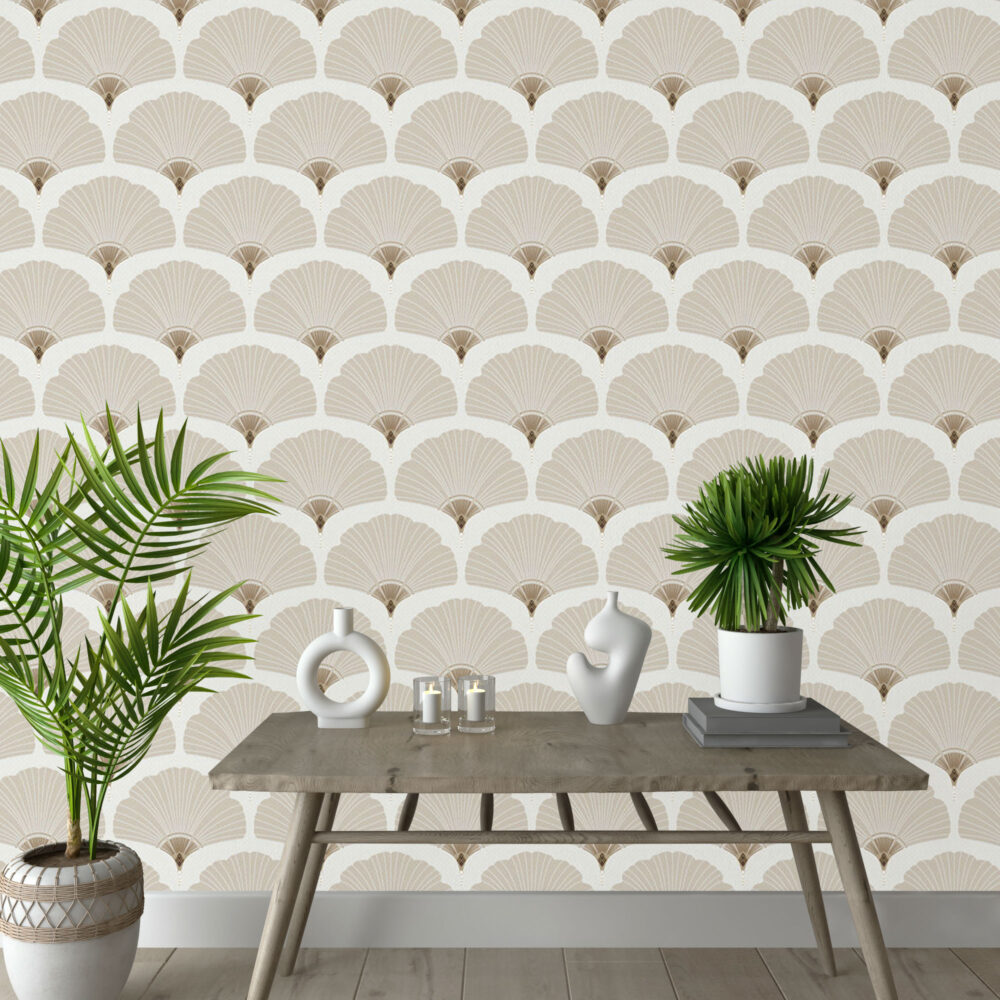 Beige Art Deco Fan Wallpaper : Scallop Shell Pattern - View 4