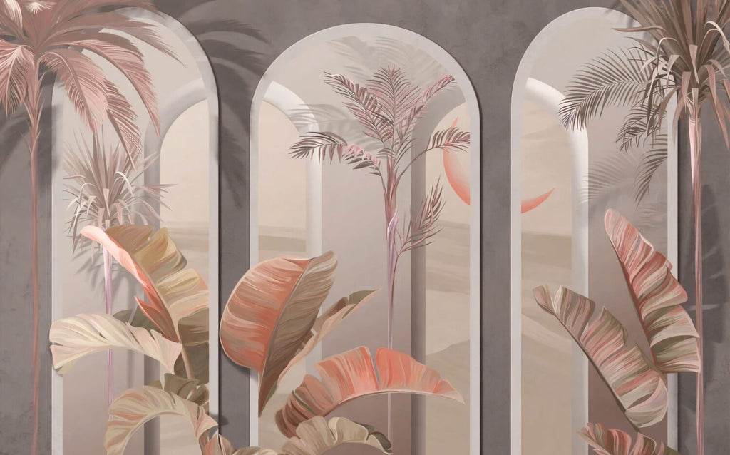 Blush Arch Tropical Wallpaper : Pastel Columns and Leaves Mural - View 2