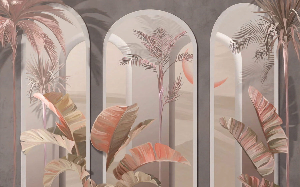 Blush Arch Tropical Wallpaper : Pastel Columns and Leaves Mural - View 2