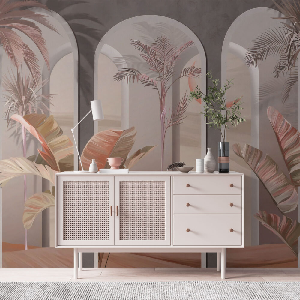 Blush Arch Tropical Wallpaper : Pastel Columns and Leaves Mural - View 4