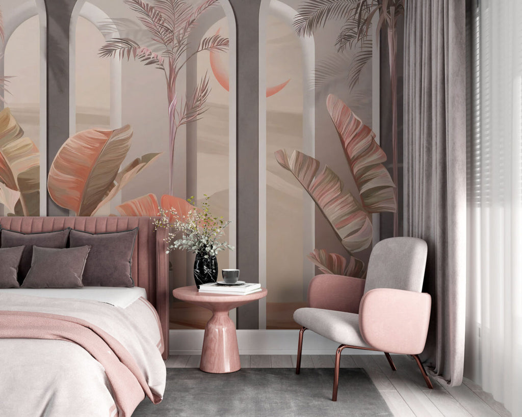 Blush Arch Tropical Wallpaper : Pastel Columns and Leaves Mural - View 5