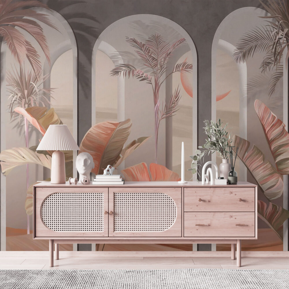 Blush Arch Tropical Wallpaper : Pastel Columns and Leaves Mural