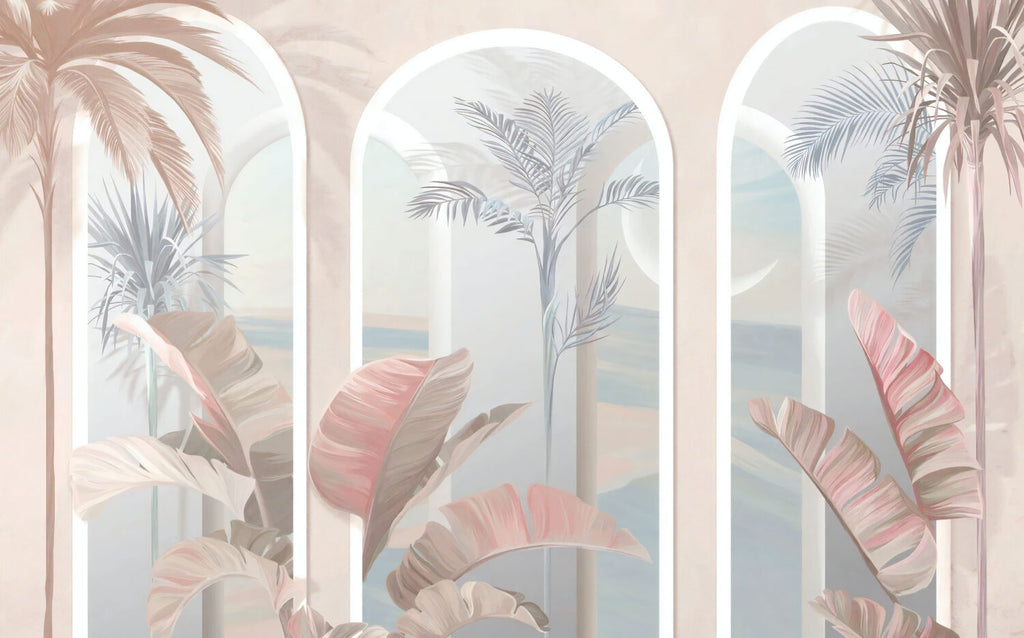 Pastel Arch Tropical Wallpaper : Beige Columns and Coral Leaves Mural - View 2