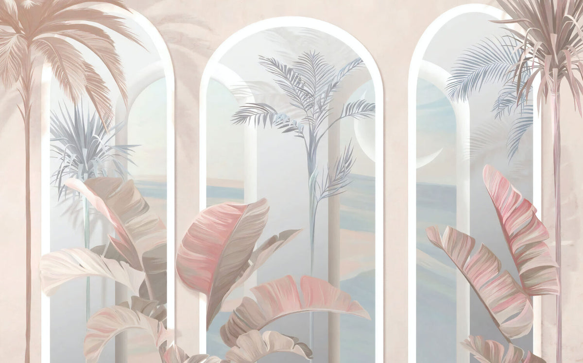 Pastel Arch Tropical Wallpaper : Beige Columns and Coral Leaves Mural - View 2
