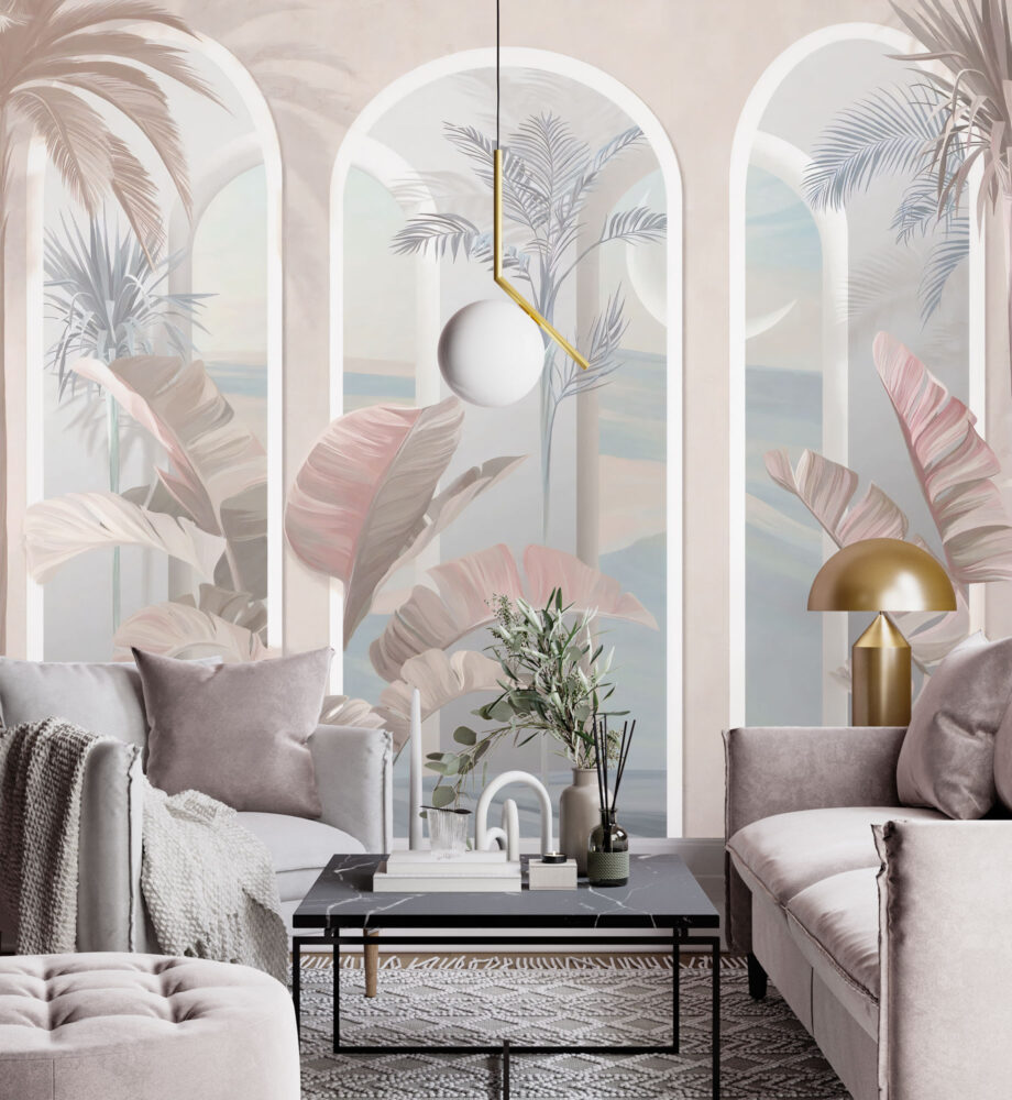 Pastel Arch Tropical Wallpaper : Beige Columns and Coral Leaves Mural - View 3