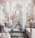 Pastel Arch Tropical Wallpaper : Beige Columns and Coral Leaves Mural - View 3