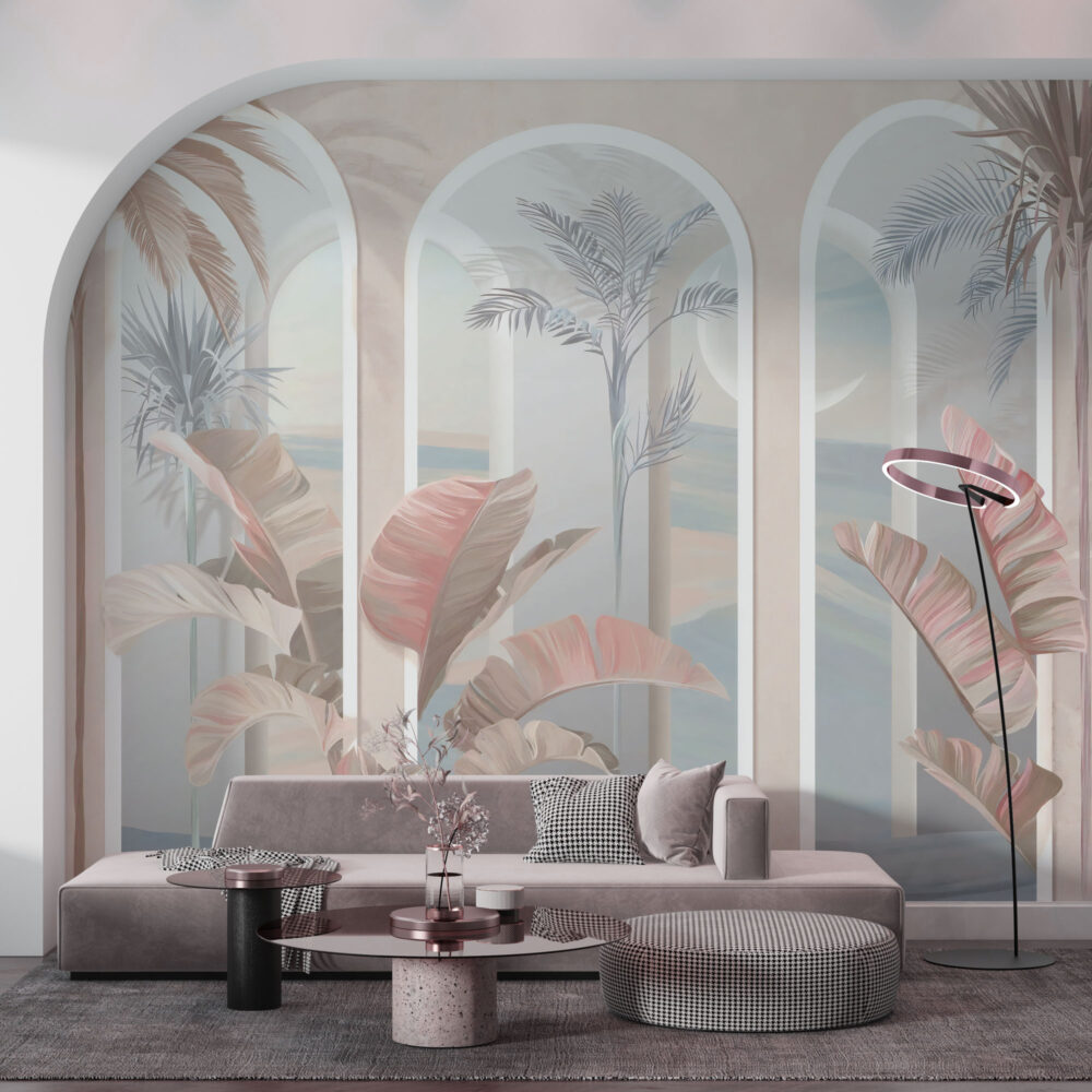 Pastel Arch Tropical Wallpaper : Beige Columns and Coral Leaves Mural - View 4