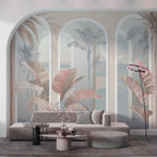 Pastel Arch Tropical Wallpaper : Beige Columns and Coral Leaves Mural - View 4