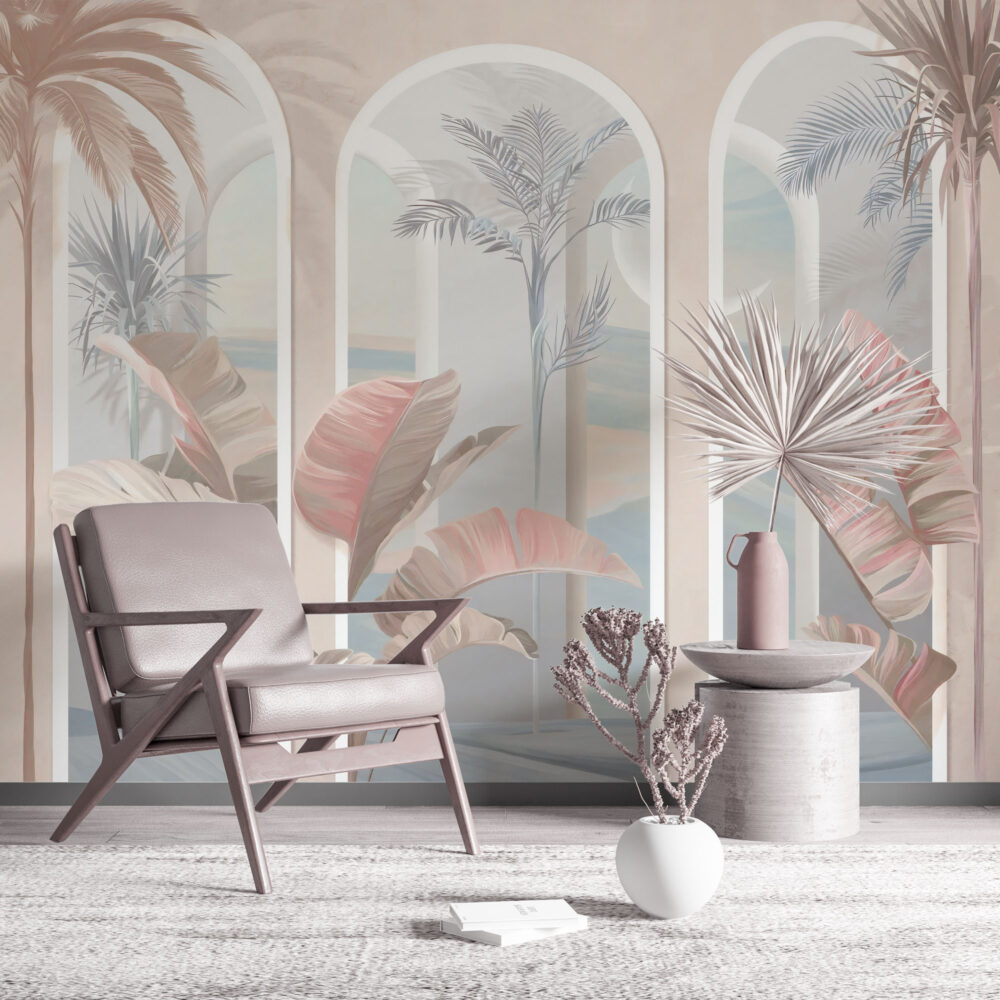 Pastel Arch Tropical Wallpaper : Beige Columns and Coral Leaves Mural