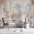 Pastel Arch Tropical Wallpaper : Beige Columns and Coral Leaves Mural