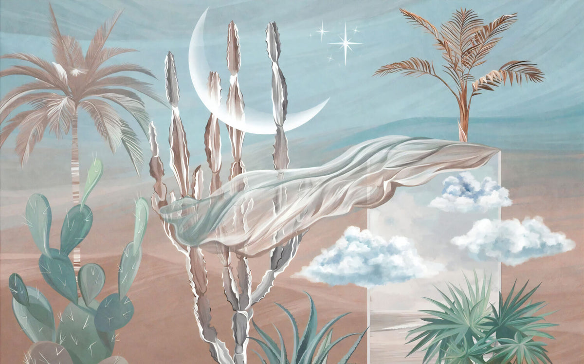 Blue Sky Desert Mirage Wallpaper : Cactus Silk Drape Mural - View 2