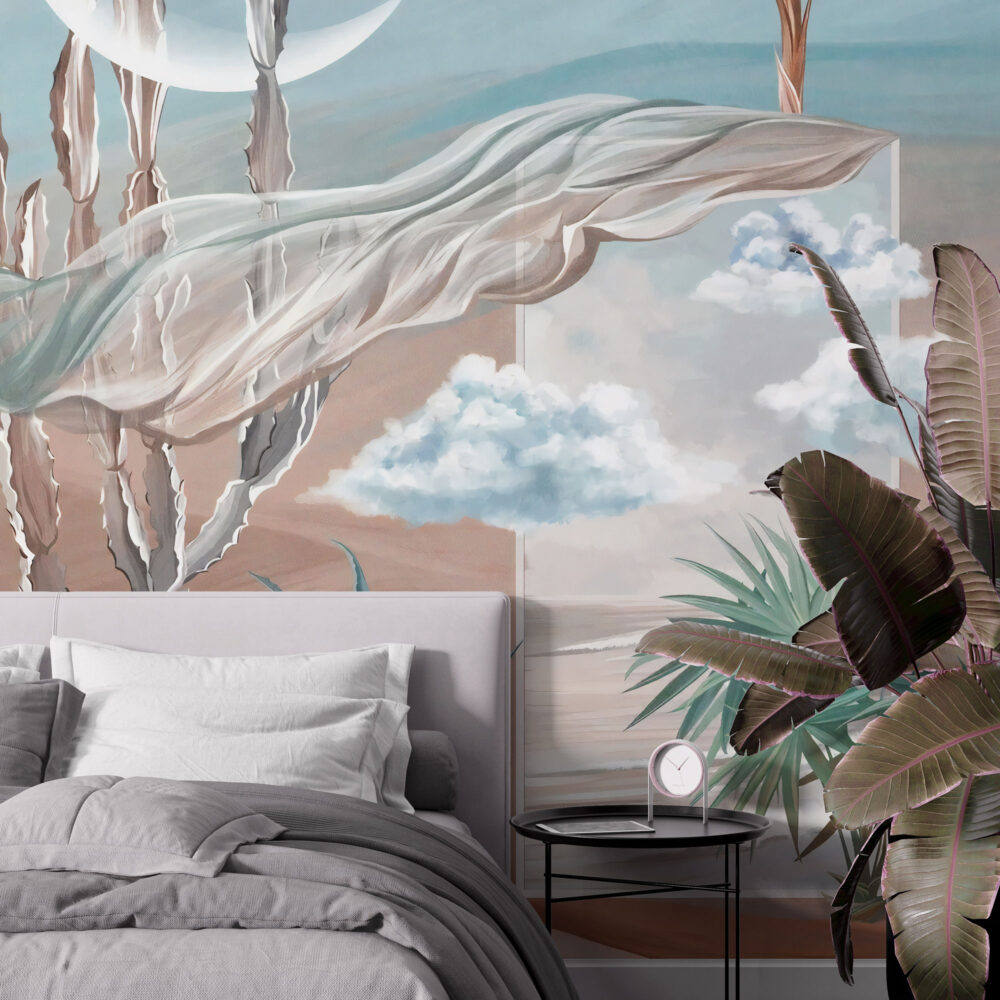Blue Sky Desert Mirage Wallpaper : Cactus Silk Drape Mural - View 4