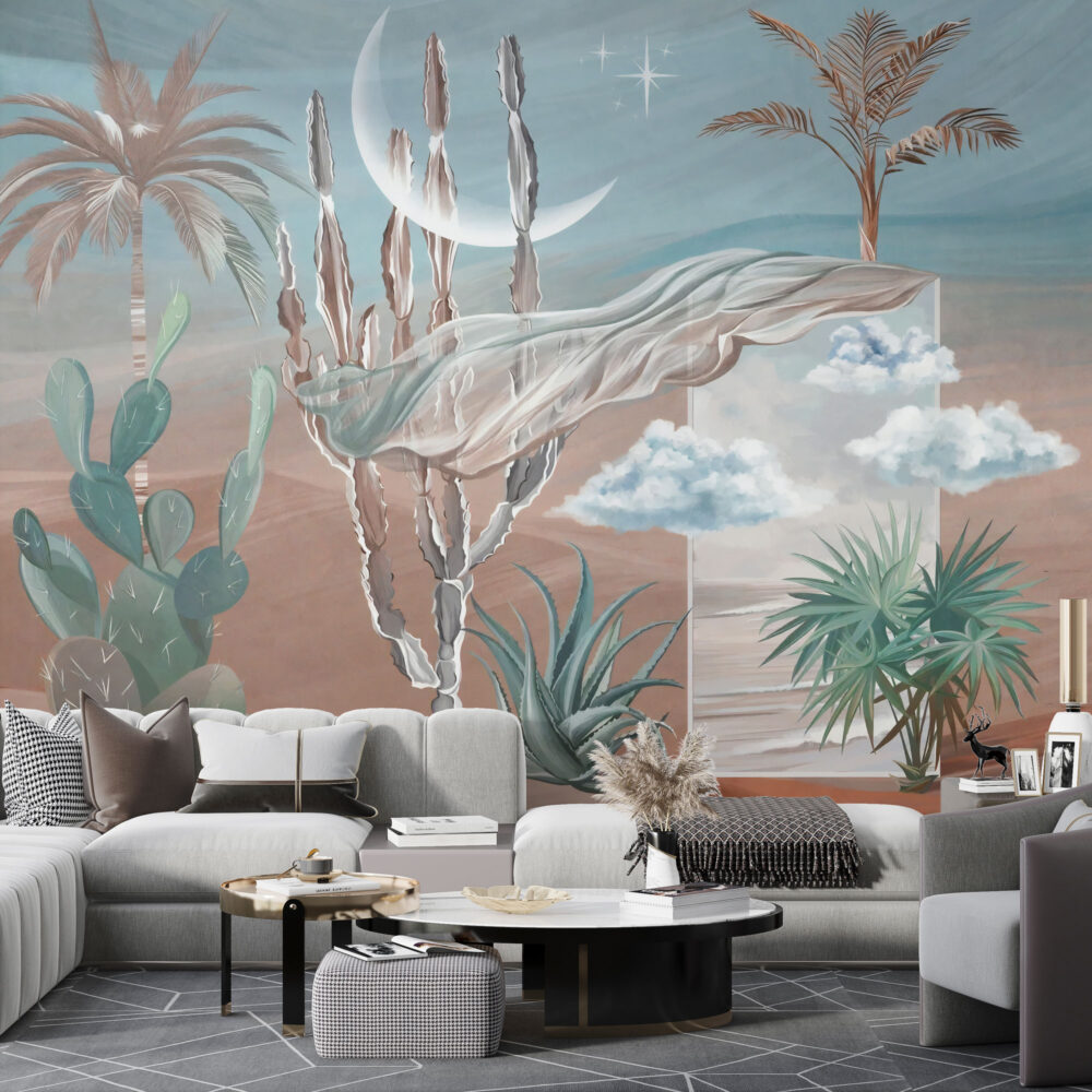 Blue Sky Desert Mirage Wallpaper : Cactus Silk Drape Mural