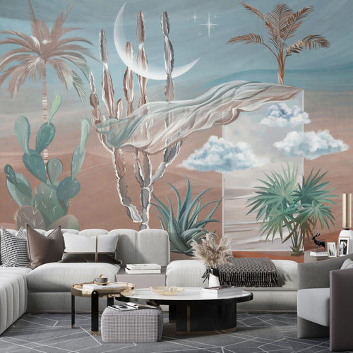 Blue Sky Desert Mirage Wallpaper : Cactus Silk Drape Mural