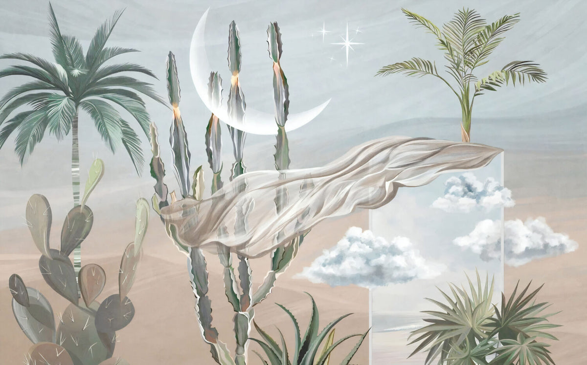 Desert Mirage Wallpaper : Cactus and Silk Drape Mural - View 2