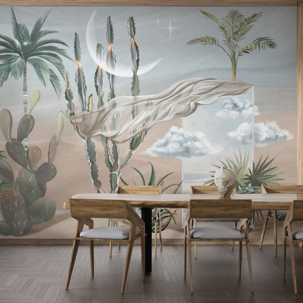 Desert Mirage Wallpaper : Cactus and Silk Drape Mural - View 3