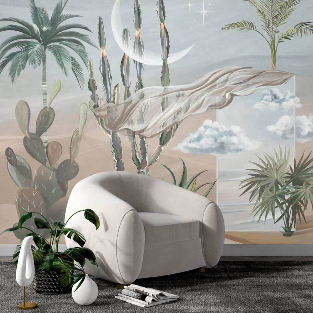 Desert Mirage Wallpaper : Cactus and Silk Drape Mural
