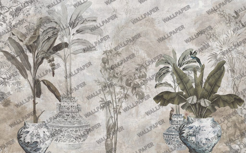 Vintage Botanical Wallpaper : Tropical Leaves and Vases Mural - View 2