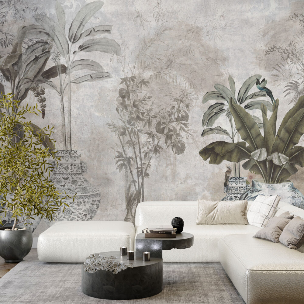 Vintage Botanical Wallpaper : Tropical Leaves and Vases Mural - View 3