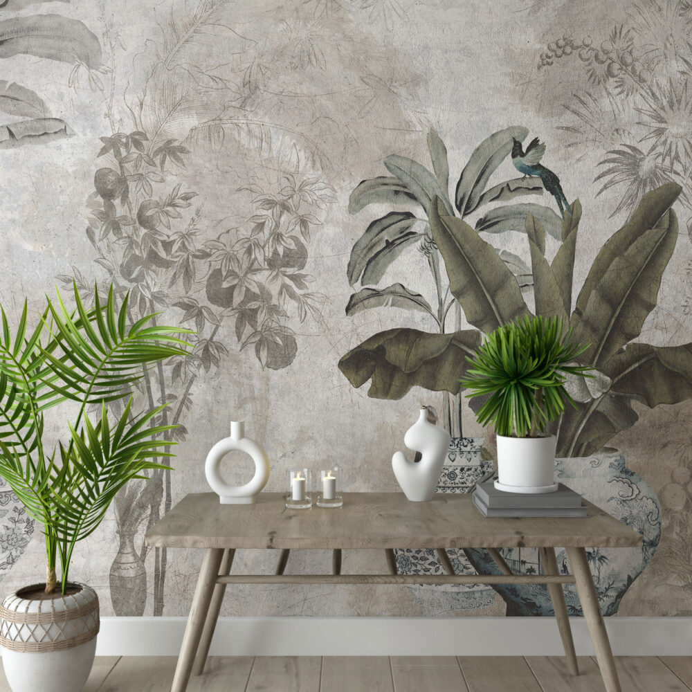 Vintage Botanical Wallpaper : Tropical Leaves and Vases Mural