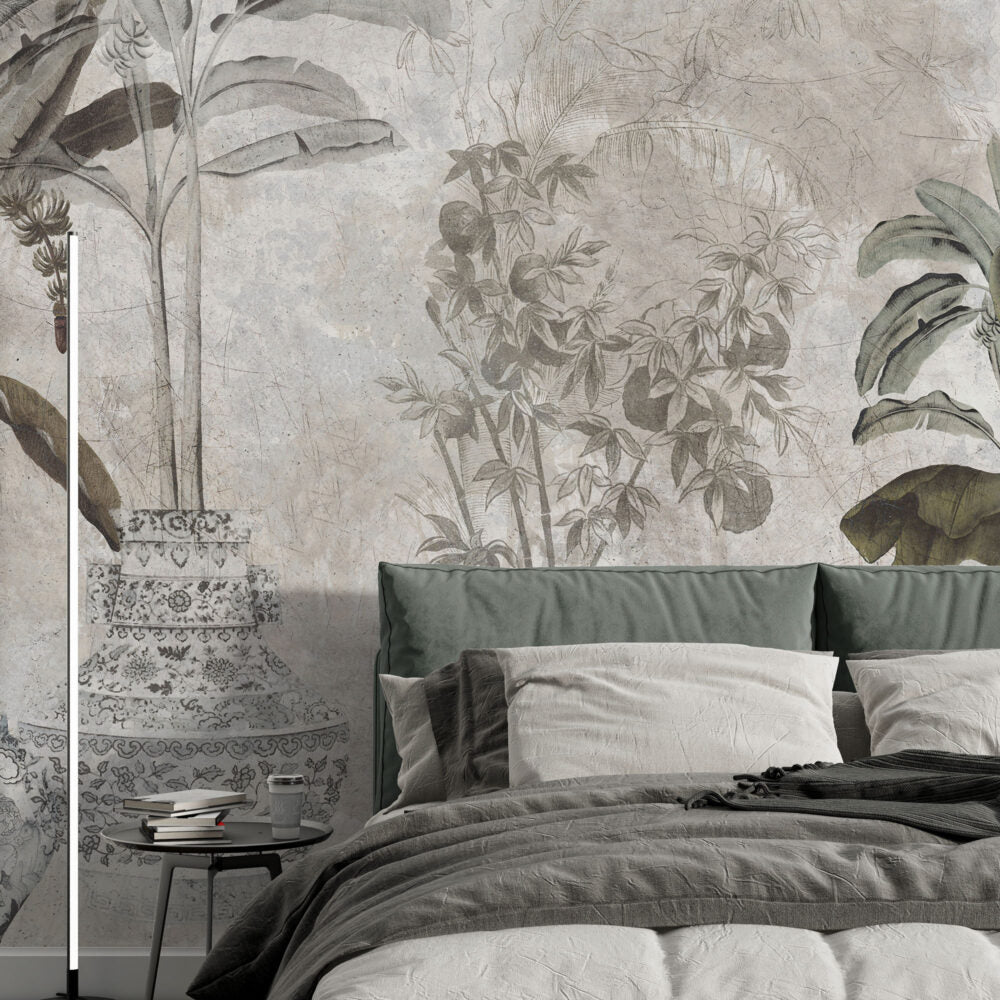 Vintage Botanical Wallpaper : Tropical Leaves and Vases Mural - View 4