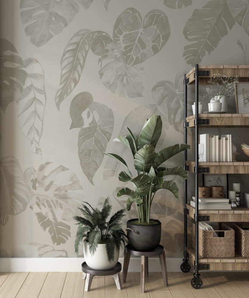 Grey Tropical Leaves Wallpaper : Soft Monstera Tonal Mural - View 2