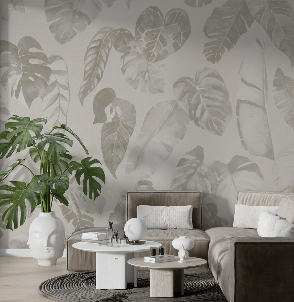 Grey Tropical Leaves Wallpaper : Soft Monstera Tonal Mural - View 3