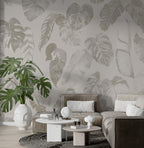 Grey Tropical Leaves Wallpaper : Soft Monstera Tonal Mural - View 3