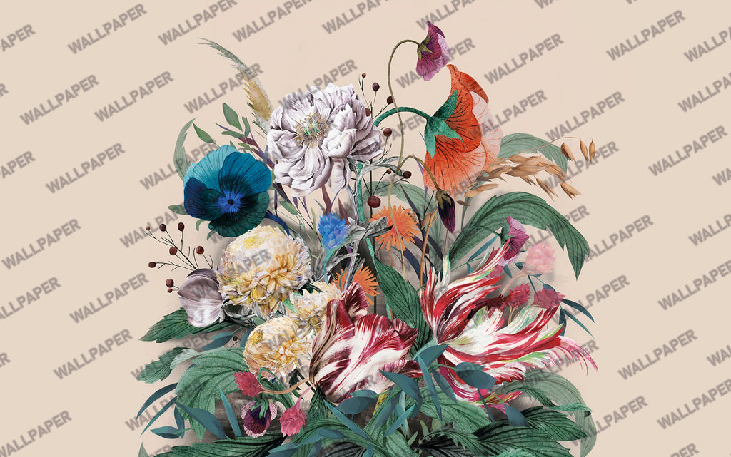 Exotic Bouquet Wallpaper : Colourful Flower Arrangement Mural - flat design
