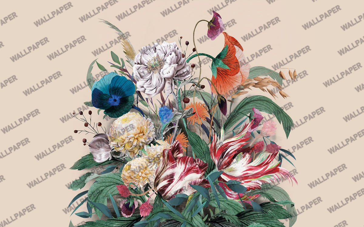 Exotic Bouquet Wallpaper : Colourful Flower Arrangement Mural - flat design