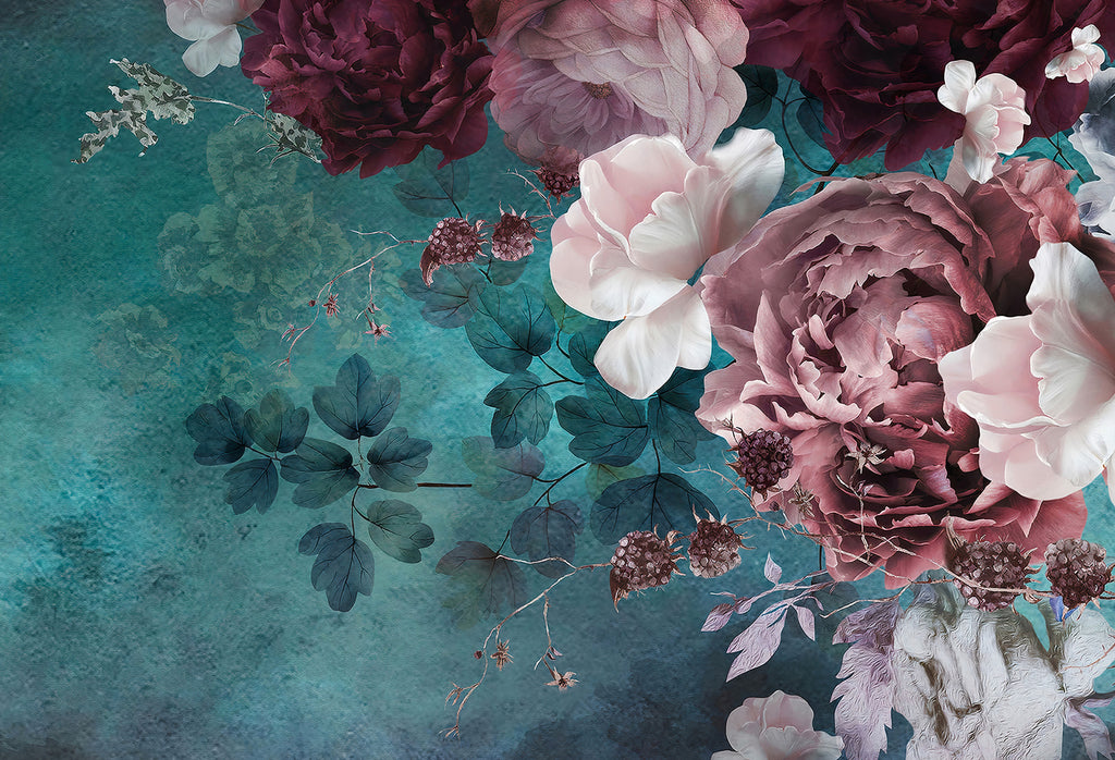 Roses on Teal Wallpaper : Dark Turquoise Floral Mural - flat design