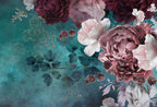 Roses on Teal Wallpaper : Dark Turquoise Floral Mural - flat design