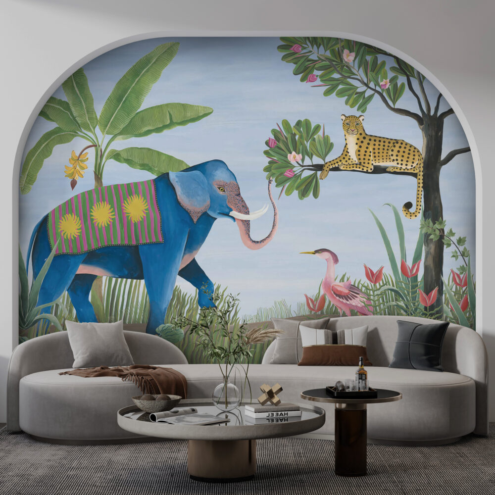 Blue Elephant Jungle Wallpaper : Folk Art Leopard and Birds Mural - View 2