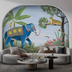 Blue Elephant Jungle Wallpaper : Folk Art Leopard and Birds Mural - View 2