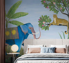 Blue Elephant Jungle Wallpaper : Folk Art Leopard and Birds Mural - View 3