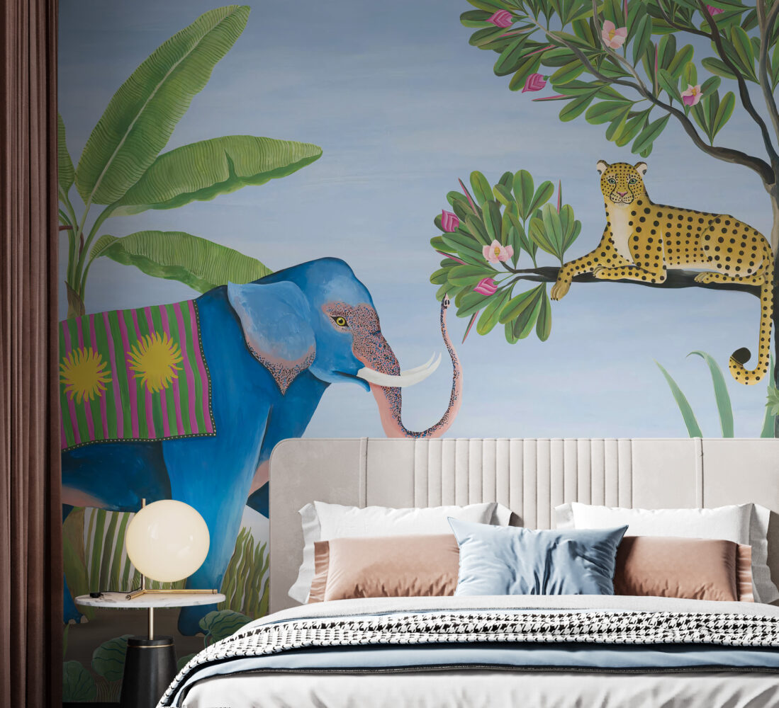 Blue Elephant Jungle Wallpaper : Folk Art Leopard and Birds Mural - View 3
