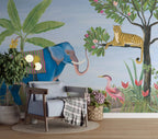 Blue Elephant Jungle Wallpaper : Folk Art Leopard and Birds Mural - View 4