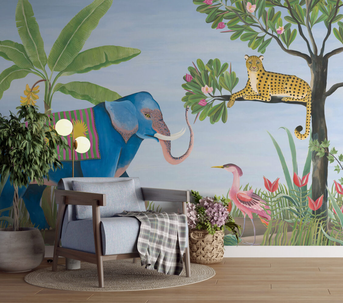Blue Elephant Jungle Wallpaper : Folk Art Leopard and Birds Mural - View 4