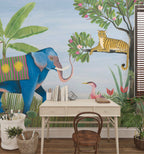 Blue Elephant Jungle Wallpaper : Folk Art Leopard and Birds Mural