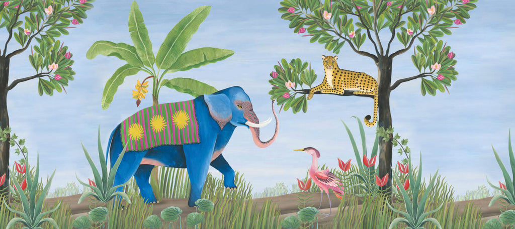 Blue Elephant Jungle Wallpaper : Folk Art Leopard and Birds Mural - flat design