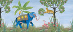Blue Elephant Jungle Wallpaper : Folk Art Leopard and Birds Mural - flat design