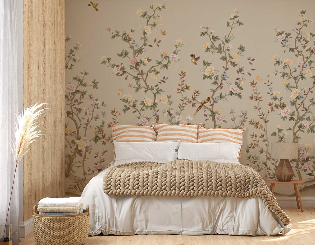 Rose Tree Birds Wallpaper : Beige Chinoiserie Garden Mural - View 2