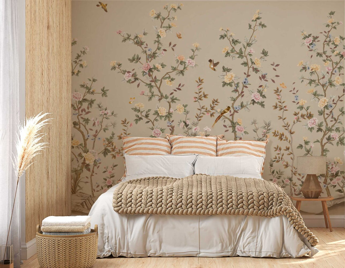 Rose Tree Birds Wallpaper : Beige Chinoiserie Garden Mural - View 2